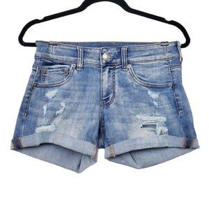 American Eagle Womens Blue Midi Distressed Denim Jean Shorts Size 4
